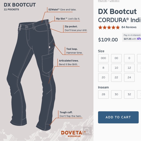Dovetail Workwear DX Bootcut Cordura Indigo Denim Work Jeans TALL - Picture 4 of 11